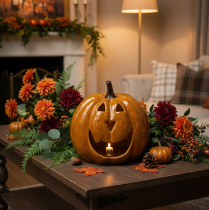Artikel Keramisk græskar med ansigt, LED-dekoration, Halloween, 19 cm