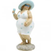 Dame med hat, havpynt, sommer, badefigur blå/hvid H27cm