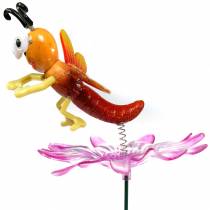 Garden Stake Dragonfly på blomst med Metal Spring Orange, Pink H74cm