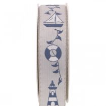 Gavebånd maritim dekoration vævet bånd blå, grå 25mm 18m