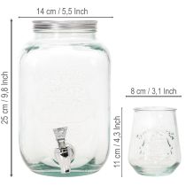Artikel Drikkedispenser i glas med tappehane og 4 drikkeglas, H25,5 cm