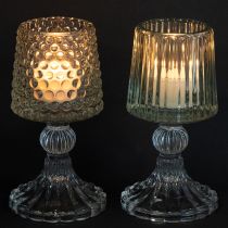 Artikel Glas fyrfadsstage med prikker og riller i bunden H15cm 2 stk.