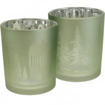 Lanterne, fyrfadsstage glas julegrøn Ø7cm 2stk