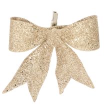 Artikel Glittersløjfe, dekorativ sløjfe, guld med klips, 11 cm, 4 stk.