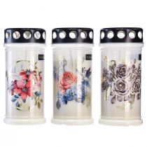 Artikel Gravlys hvide blomstermotiver Ø7,5 cm H16,5 cm 6 stk.