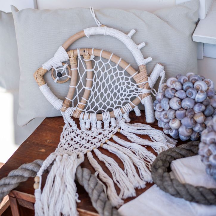 Hængende dekoration deco bøjle maritim dekoration fish macrame 76cm