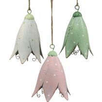 Metalblomster, blåklokker til at hænge, forårsdekoration, metalvedhæng H10,5 cm hvid, pink, grøn sæt med 3