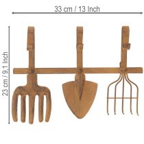 Artikel Knage til haveredskaber, havedekorationer, rive, spade og hakke; metalknagerække af rustent metal, L33,5 cm