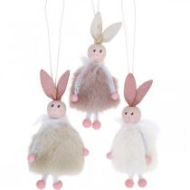 Kaniner, påskepynt, forårsvedhæng, påskeharer til at hænge beige, pink, hvid H12,5 cm 3 stk.