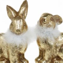 Guld kanin siddende guldfarvet terracotta med fjer H20cm 2stk