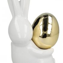 Påskeharer elegante, keramiske kaniner med guldæg, påskedekoration hvid, gylden H18cm 2 stk.