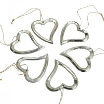 Hjertedekoration til ophængning af metalhjerte sølv 7,5 × 8,5 cm 6 stk