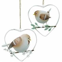 Hjertevedhæng med spurve, forårsdekoration, metalhjerte, Valentinsdag, fuglehjerte 4 stk.