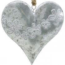 Hjerter til at hænge, metaldekoration med prægning, Valentinsdag, forårsdekoration sølv, hvid H13cm 4 stk.