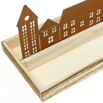 Artikel Dekorativ træbakke rektangulær med patinahuse 50×17cm