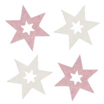 Træstjerner 3,5 cm lyserød / hvid med glitter 72stk