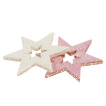 Træstjerner 3,5 cm lyserød / hvid med glitter 72stk