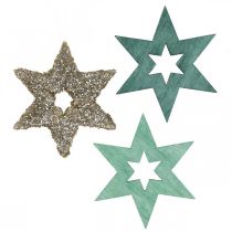Artikel Scatter dekoration træstjerne grøn, glitter julestjerne mix 4cm 72 stk