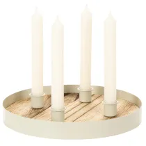 Artikel Lysestage til fire keglelys, rundt træfad, 25 cm