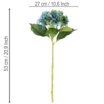 Artikel Kunstig hortensiablomst, blågrøn, dekorativ enkelt stilk, 53 cm