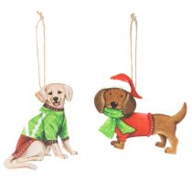Artikel Hundejuleophæng, dekorativt hængende ornament, hund med tørklæde og hue, 12 cm, 2 stk.