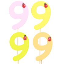 Artikel Jubilæumsnummer “9” på pinden nummer propper farverigt træ 7,5 cm 16 stk.