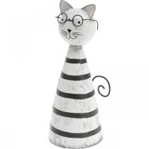 Kat med briller, dekorativ figur til placering, kattefigur metal sort og hvid H16cm Ø7cm