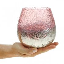 Glas lanterne, fyrfadsstage, borddekoration, lyseglas lyserød / sølv Ø15cm H15cm