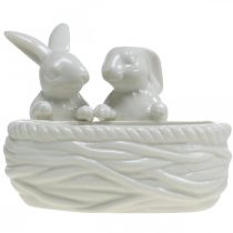 Artikel Kaniner med rede, bordpynt, påskerede, porcelænsdekoration, dekorativ skål hvid L15cm H11cm