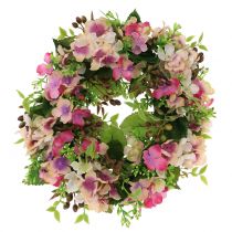 Blomsterkrans med hortensiaer og bær lyserød Ø30cm