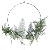Oplyst krans med grantræer og kugler, advent, vinterdekoration til at hænge, LED dekorationsring sølv B45cm Ø30cm