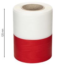 Artikel Hvidt og rødt moiré kransbånd, 125 mm - sørgebånd, dekorativt bånd, sløjfebånd, festbånd, 25 m rulle