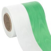Artikel Grønt og hvidt moiré kransbånd, 100 mm x 25 m - nationalt bånd, taftbånd, sløjfebånd, dekorativt bånd