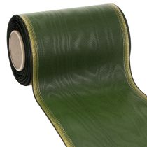 Artikel Moiré kransbånd, 150 mm, mørkegrøn med guldperlekant, taftvævning, 25 m rulle til dekoration og design