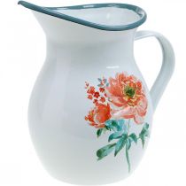 Dekorativ kande, blomstervase vintage look, emaljekande med rose motiv H19cm