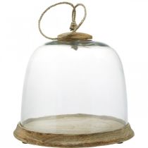 Glasklokke med træplade, kageklokke med jutehåndtag H19cm Ø22,5cm