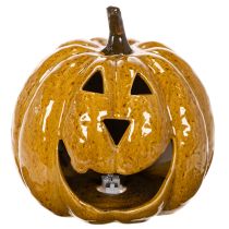 Artikel Keramisk græskar med ansigt, LED-dekoration, Halloween, 19 cm