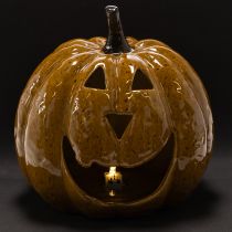 Artikel Keramisk græskar med ansigt, LED-dekoration, Halloween, 19 cm