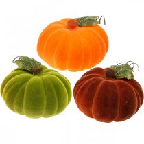 Artikel Dekorativ græskar flock mix orange, grøn, rød efterårsdekoration 16cm 3 stk