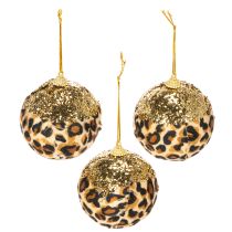 Artikel Julekugle leopardmønster med gyldent glimmer 7 cm 3 stk.