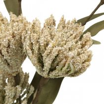 Artikel Kunstig blomst med 6 blomster flokket beigegrønt bundt på 3 H38cm