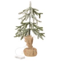 Artikel Kunstig plante med sne, LED juletræ i jutesæk, batteridrevet, til indendørs brug, 50 cm