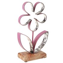 Artikel Metal dekoration Blomst på træbase Gammel Pink Sølv H29cm