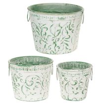Artikel Metalpotter med hanke, plantekasser med prægning, hvid, grøn, shabby chic, H20,5/18,5/16 cm, Ø25,5/20,5/15,5 cm, sæt med 3