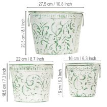Artikel Metalpotter med hanke, plantekasser med prægning, hvid, grøn, shabby chic, H20,5/18,5/16 cm, Ø25,5/20,5/15,5 cm, sæt med 3