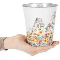Artikel Metalpotte med motiv, plantekasse med fuglehuse, blikspand H13cm Ø11,5cm