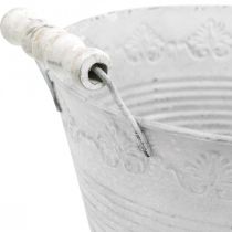 Metalkar, dekorativ skål med mønster, potte med trægreb hvid, sølv Ø21,5cm H14,5cm B24,5cm