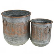 Dekorativ skål med hanke, urtepotte, metalkar sølv, kobberfarvet antik look H31 / 24,5 cm Ø29,5 / 22 cm sæt af 2