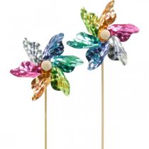 Mini nålehjul, festdekoration, vindmølle på pind, farverig, dekoration til haven, blomsterpropper Ø8,5cm 12 stk.