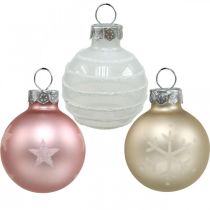 Mini julekugler creme, pink, hvid ægte glas Ø3cm 9stk